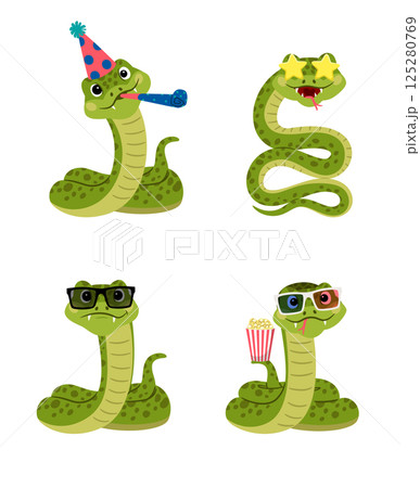 Set of funny snakes with glasses and other different accessories 125280769