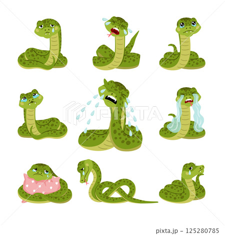 Set of cartoon upset crying snakes with tears in eyes Set of cartoon upset crying snakes with tears in eyes 125280785