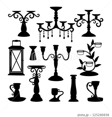 Set of black silhouettes of different candlesticks without candles vector illustration 125280836