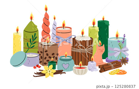 Scented candles collection. Hygge home decoration. Different shapes and sizes. Aromatic candles set. Home aromatherapy vector illustration 125280837
