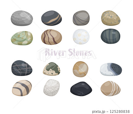 River stones set, sea pebbles collection, isolated vector illustration on white background 125280838