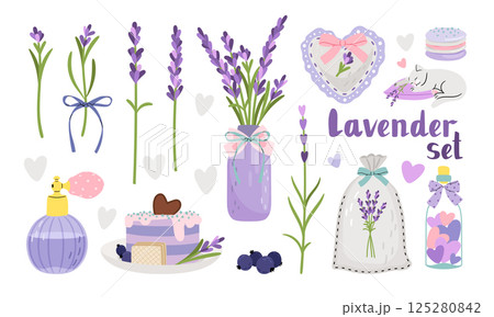 Lavender collection with flowers, vase, perfume, cake, hearts, incense and sleeping cat. Vector illustration on white background 125280842