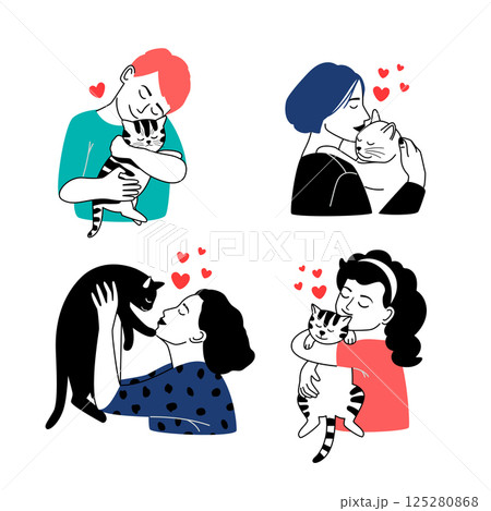 Kind owners and happy pets set. People love and hug dogs and cats, vector collection isolated on white background 125280868