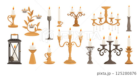 Different shapes candlesticks set, vintage candle holders and candelabrum collection, vector Illustration on white background 125280876