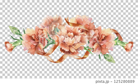 Red carnations, horizontal banner. Hand drawn watercolor illustration isolated on white. For Mothers Day, Birthday, Revolution, Remembrance, Victory greeting cards, invitations, posters, labels. 125280889