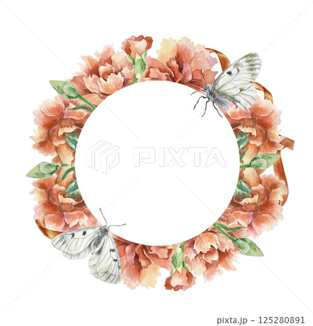 Red carnations and butterflies. Floral round frame. Hand drawn watercolor illustration isolated. Mothers Day, Birthday, Revolution, Remembrance, Victory greeting cards, invitations, posters, labels. 125280891