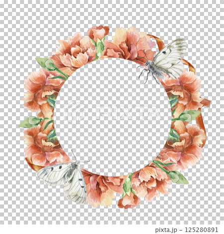 Red carnations and butterflies. Floral round frame. Hand drawn watercolor illustration isolated. Mothers Day, Birthday, Revolution, Remembrance, Victory greeting cards, invitations, posters, labels. 125280891