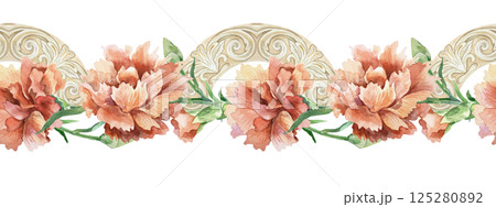 Red carnations and patterned sculpture, seamless border. Hand drawn watercolor illustration isolated. For Mothers Day, Birthday, Revolution, Remembrance, Victory greeting cards, invitations, posters. 125280892