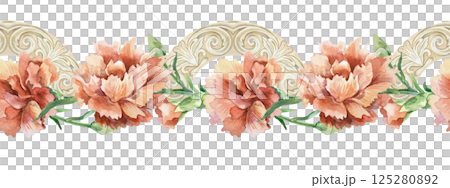 Red carnations and patterned sculpture, seamless border. Hand drawn watercolor illustration isolated. For Mothers Day, Birthday, Revolution, Remembrance, Victory greeting cards, invitations, posters. 125280892