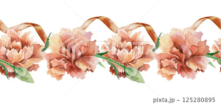 Red carnations and ribbon, seamless border. Hand drawn watercolor illustration isolated on white. For Mothers Day, Birthday, Revolution, Remembrance, Victory greeting cards, invitations, posters. 125280895