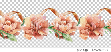 Red carnations and ribbon, seamless border. Hand drawn watercolor illustration isolated on white. For Mothers Day, Birthday, Revolution, Remembrance, Victory greeting cards, invitations, posters. 125280895