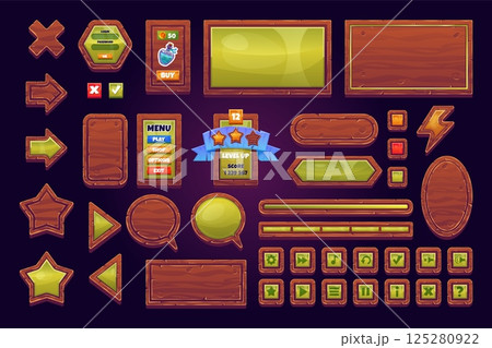 Wood game interface. Gui buttons board panels wooden texture, 2d video game ui assets menu kit elements signs medieval fantasy mobile gaming app, cartoon swanky vector illustration Wood game interface. Gui buttons board panels wooden texture, 2d video game ui assets menu kit elements signs medieval fantasy mobile gaming app, cartoon swanky vector illustration 125280922