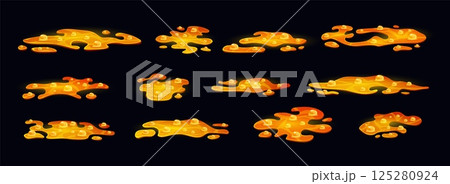 Lava puddle. Volcanic magma liquid with bubbles, 2d video game vfx effect molten metal or gold foundry volcano hell magic gaming fire splash drip cartoon swanky vector illustration 125280924