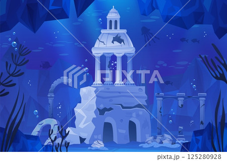 Atlantis ruin landscape. Sunken ancient city ruins, lost civilization underwater town buildings video game background scuba diving under sea architecture swanky vector illustration 125280928