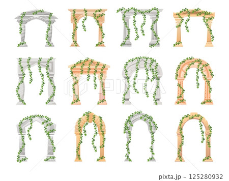 Ivy arches. Ancient stone arch column with green creeper vines, wedding gate garden arc jungle ruins old palace entrance roman castle temple door gate, swanky vector illustration Ivy arches. Ancient stone arch column with green creeper vines, wedding gate garden arc jungle ruins old palace entrance roman castle temple door gate, swanky vector illustration 125280932