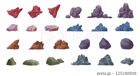 Cartoon rock stones. Stone block game ui rocks boulder, rubble mountain rough texture stoned wall nature construction material gravel granite piece, set swanky vector illustration Cartoon rock stones. Stone block game ui rocks boulder, rubble mountain rough texture stoned wall nature construction material gravel granite piece, set swanky vector illustration 125280936