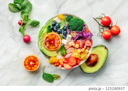 Buddha Bowl. Rainbow salad. Vegan poke bowl with avocado. Healthy food 125280937