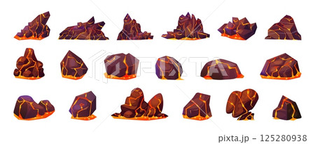 Lava stones. Volcano rock ground with burn liquid laves, game hell surface magma light effect volcanic split stones earthquake fire land crash, cartoon swanky vector illustration 125280938