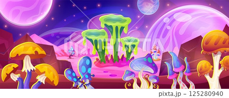 Alien mushrooms landscape. Magic space planet fantasy forest game level background, unusual mushroom aliens monster world galaxy shroom plants, cartoon swanky vector illustration 125280940