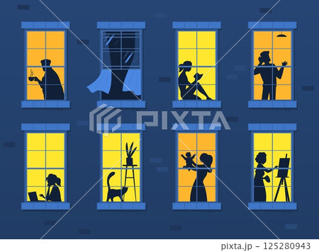 Neighbors windows silhouettes. Neighbour night silhouette in light window curtains inside building facade, people person shadow home apartment evening, classy vector illustration 125280943