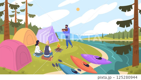 People kayak camping. Man woman rest after river rafting, camping scene summer day campsite campfire tents boats water sport adventure action vacation classy vector illustration 125280944