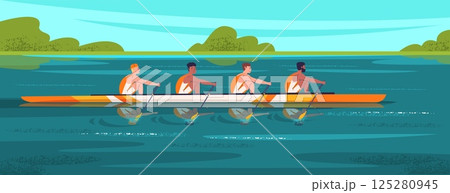 Rowing sport team. Rowers teamwork in kayak canoe boat row paddles together river race regatta competition, business cooperation concept kayakers group classy vector illustration 125280945