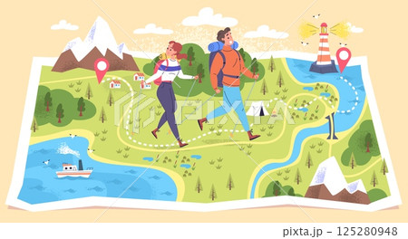 Hikers route. Couple hikers walk on map, hike expedition mountain trail road guide explore nature landscape travel journey trekking trip tourist path, classy vector illustration Hikers route. Couple hikers walk on map, hike expedition mountain trail road guide explore nature landscape travel journey trekking trip tourist path, classy vector illustration 125280948