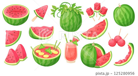 Cartoon watermelon. Water melon summer diet fruit, half watermelons quarter cut or bite slices fresh juice glass healthy food sweet red berry delicious set neat vector illustration 125280956