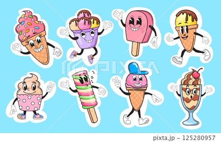 Cartoon ice cream stickers. Cute kawaii icecream retro groovy characters, chocolate popsicle baby kid face scoop in waffle cone summer sweet dessert mascot neat vector illustration 125280957
