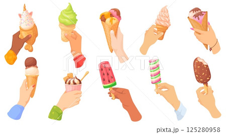 Hands hold ice cream. Woman man hands holding icecream balls in waffle cone or popsicle on stick, frozen cream sweet summer snack food gelato desserts, neat vector illustration 125280958