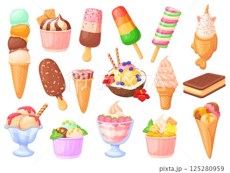 Cartoon ice cream set. Icecream balls on stick, waffle cone cup sundae chocolate or fruit popsicle gelato vanilla scoop candy lollipop summer sweet dessert neat vector illustration 125280959