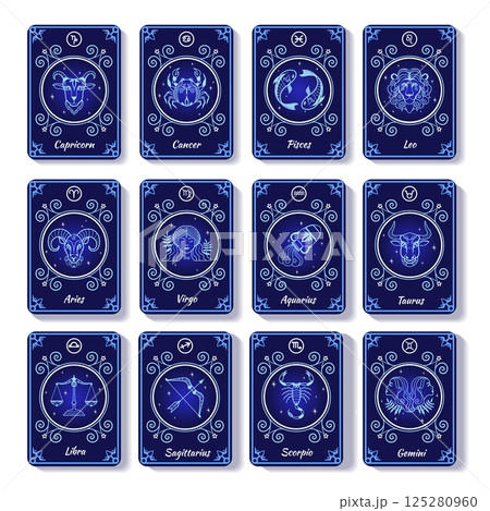 Zodiac constellations cards. Astrology horoscope signs tarot card, star celestial map aries taurus leo gemini virgo scorpio libra aquarius pisces 12 symbol neat vector illustration 125280960