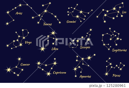 Zodiac star constellations. Sky stars map horoscope astrology astronomy night celestial symbols, aries virgo scorpio libra aquarius sagittarius capricorn neat vector illustration 125280961