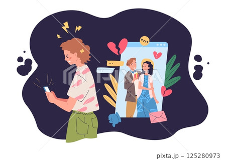 Jealous girl. Young woman or envy girl look in social media smartphone screen to friends online real life, jealousy partner infidelity boyfriend heartbreak love vector illustration 125280973
