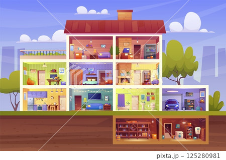 House cross section. Home room cutaway view inside interior efficient apartment furniture construction design, kitchen boiler cellar bathroom building, swanky vector illustration 125280981