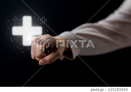 Business hand touching medical icon. Digital healthcare innovation on a virtual screen. Concept of medical tech, telemedicine, and healthcare analytics Business hand touching medical icon. Digital healthcare innovation on a virtual screen. Concept of medical tech, telemedicine, and healthcare analytics 125281024