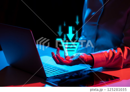 Businessperson showing shopping cart icon. Technology innovation on a virtual screen. Concept of E-commerce, online shopping, and digital online marketing for commerce sales Businessperson showing shopping cart icon. Technology innovation on a virtual screen. Concept of E-commerce, online shopping, and digital online marketing for commerce sales 125281035