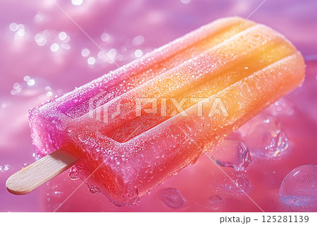Popsicle with rainbow colors on a long stick on a summer background. Summer fun. Retro style. Popsicle with rainbow colors on a long stick on a summer background. Summer fun. Retro style. 125281139