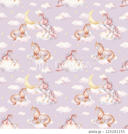 Seamless watercolor pattern with Unicorn and yellow stars, and clouds. Hand drawn Illustrations of background for nursery wallpaper, baby decor, textiles, or children paper. Pastel colors pony Seamless watercolor pattern with Unicorn and yellow stars, and clouds. Hand drawn Illustrations of background for nursery wallpaper, baby decor, textiles, or children paper. Pastel colors pony 125281155
