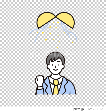 A simple illustration of a smiling high school boy posing in a fist pump and a balloon A simple illustration of a smiling high school boy posing in a fist pump and a balloon 125281163