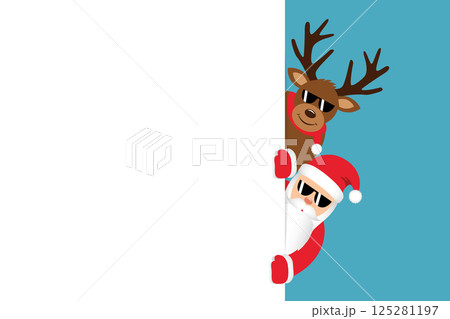 cool santa and deer with sunglasses christmas cartoon white banner for copy space vector illustration 125281197