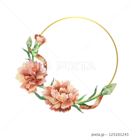 Red carnations decorating golden round frame. Hand drawn watercolor illustration isolated on white. Mothers Day, Birthday, Revolution, Remembrance, Victory greeting cards, invitations, posters, labels 125281243