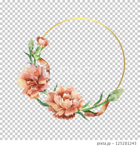 Red carnations decorating golden round frame. Hand drawn watercolor illustration isolated on white. Mothers Day, Birthday, Revolution, Remembrance, Victory greeting cards, invitations, posters, labels 125281243