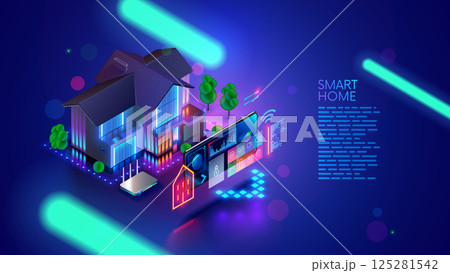 Smart home controlled smartphone. Internet of things technology of home automation system. Small house standing on screen mobile phone and wireless connections with icons home electronics devices. iot 125281542