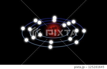 atomic model showing electrons orbiting a nucleus, Bohr model with glowing electron paths and a red glowing nucleus, atomic structure and subatomic particles, science, chemistry, physics concepts atomic model showing electrons orbiting a nucleus, Bohr model with glowing electron paths and a red glowing nucleus, atomic structure and subatomic particles, science, chemistry, physics concepts 125281645