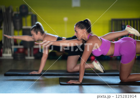 Two fitness women stretch together in the gym, supporting each other in their journey towards flexibility and wellness. Two fitness women stretch together in the gym, supporting each other in their journey towards flexibility and wellness. 125281914