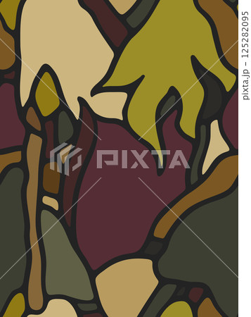 Seamless vector pattern with hand drawn abstract shapes in green, burgundy and ochre tones outlined in black 125282095