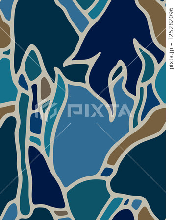 Seamless vector pattern with white outlined abstract spots in blue, beige and ochre shades 125282096