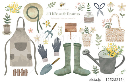 水彩でラフに描いた花とガーデニング素材セット 125282134
