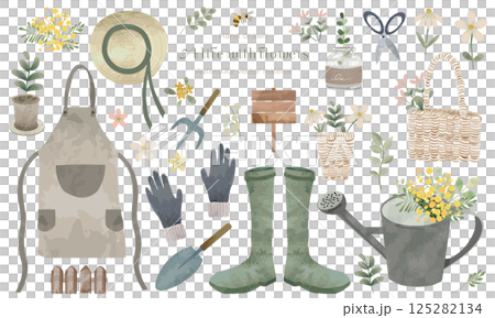 水彩でラフに描いた花とガーデニング素材セット 125282134